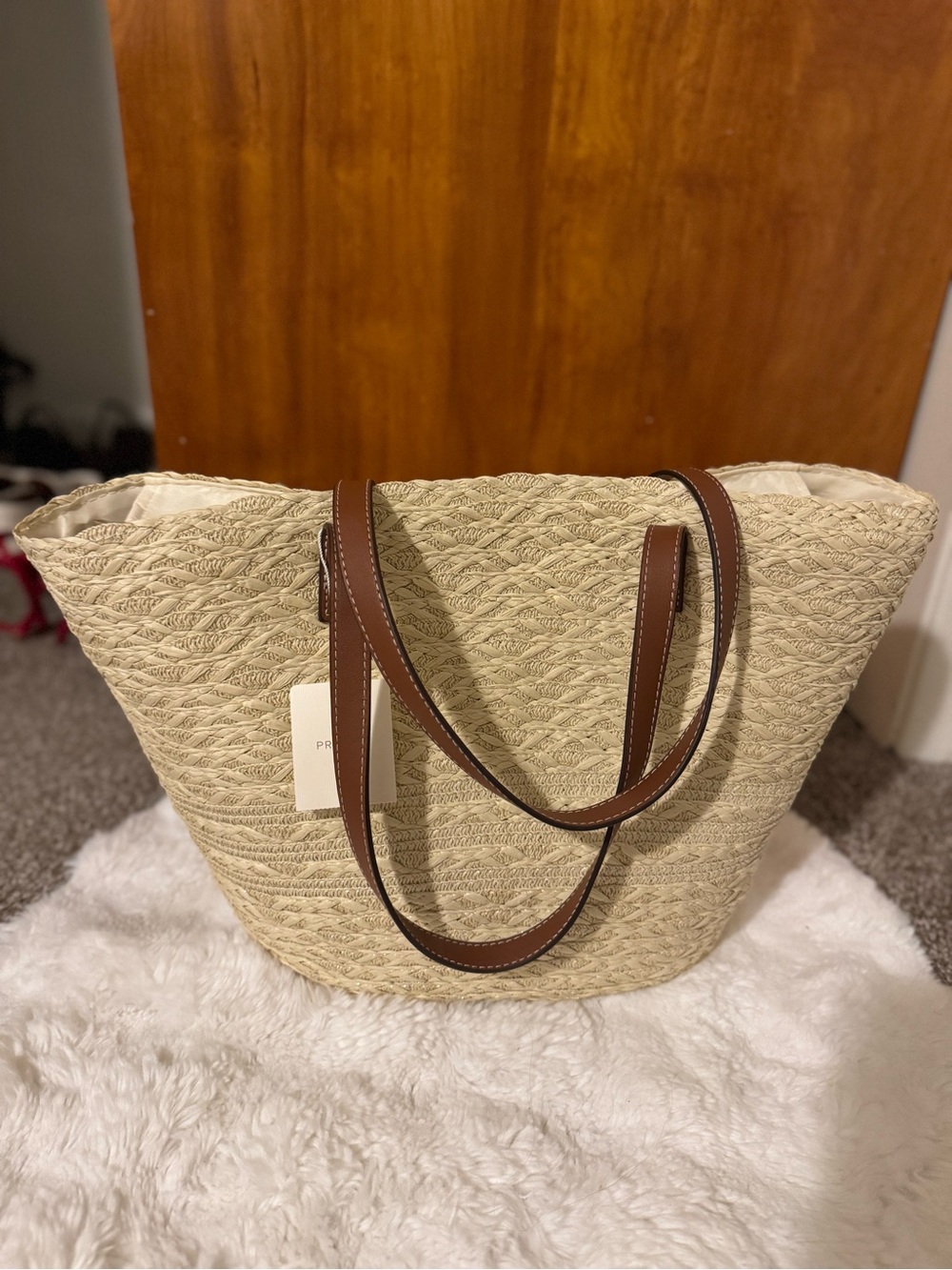 Woven Tote Bag with Brown Leather Handles - Beige